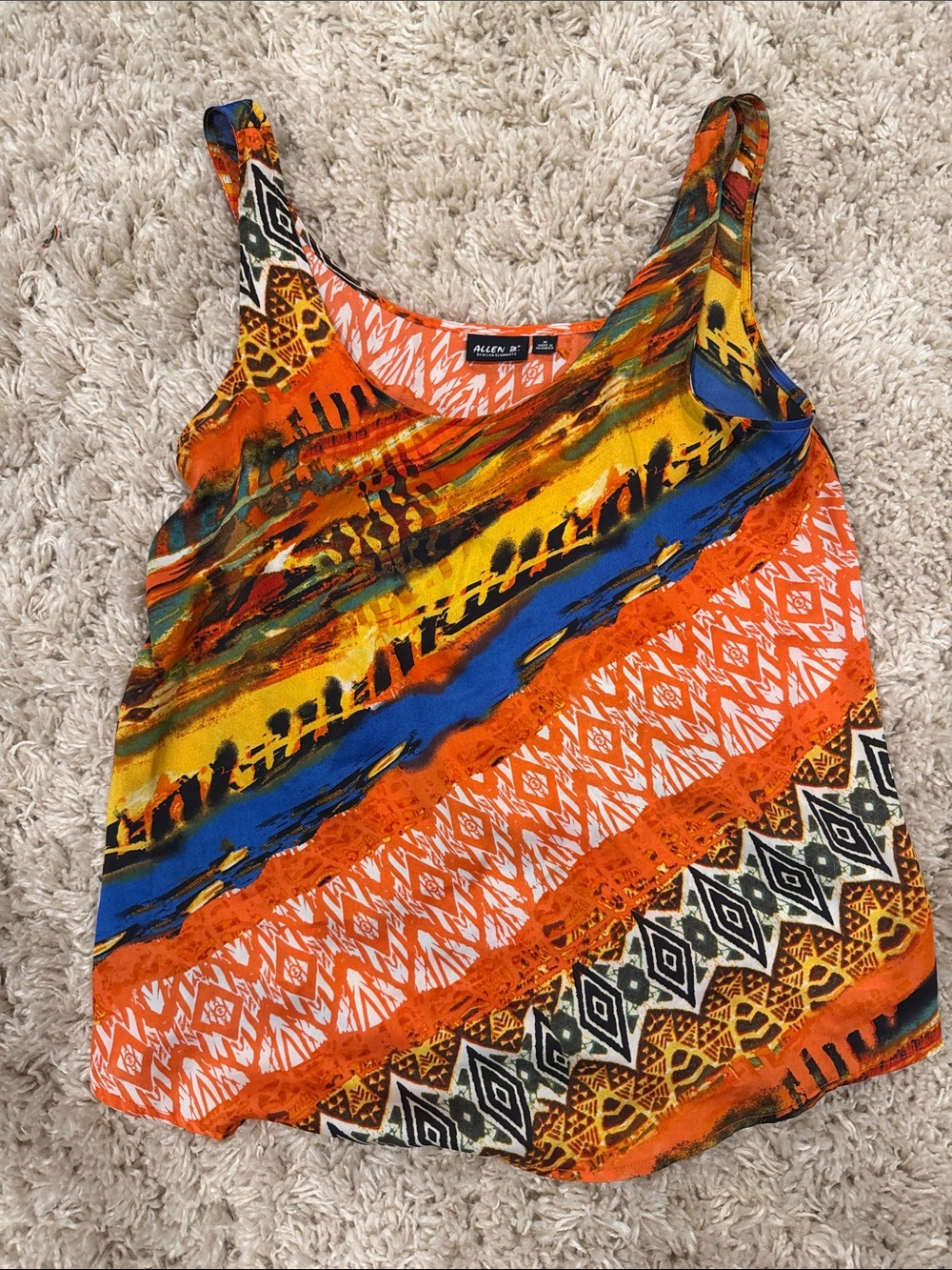 Allen B. By Allen Schwartz Orange, Yellow & Blue Printed Satin Tank